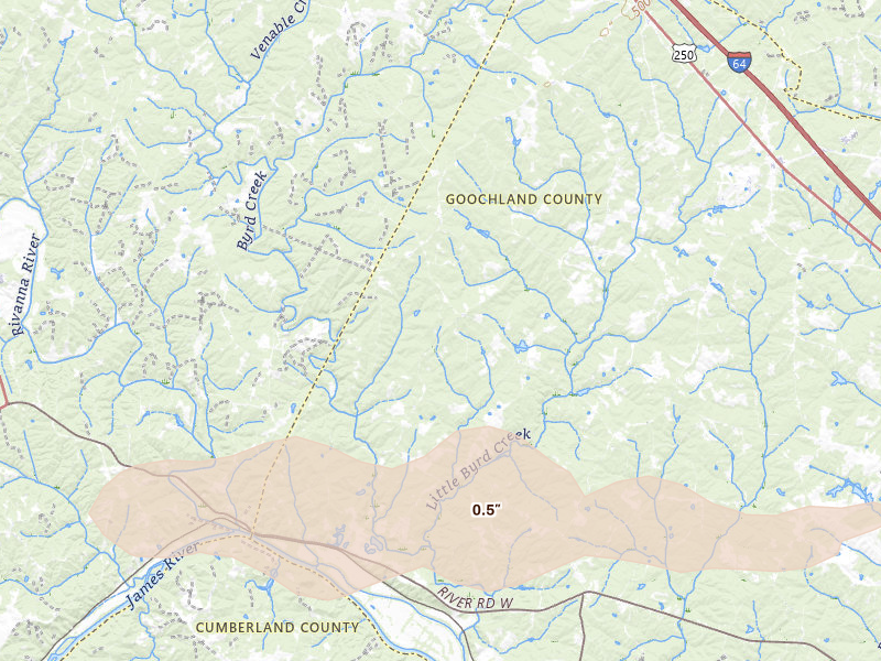 Radar-estimated hail-size map of the storm over Columbia, VA on Jul 21, 2026