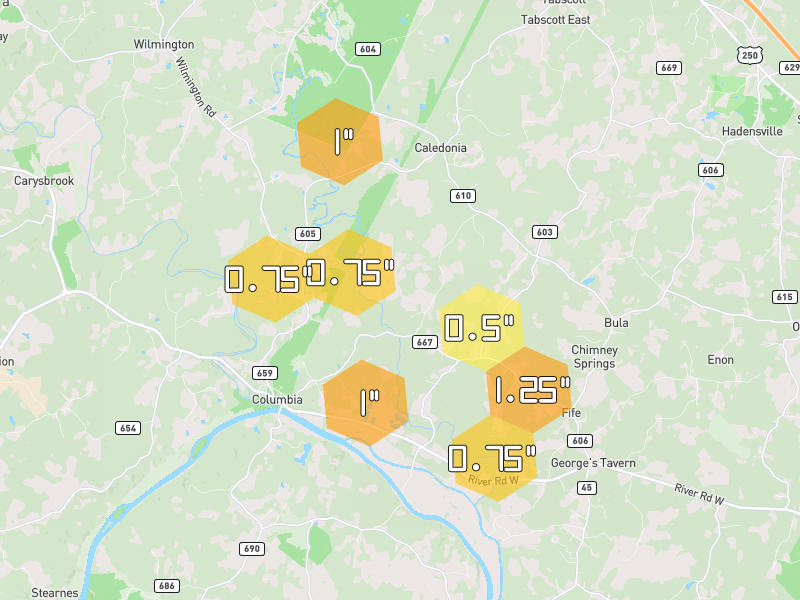 Hail map of Columbia, VA on Jul 21, 2026, hail up to 1.25"