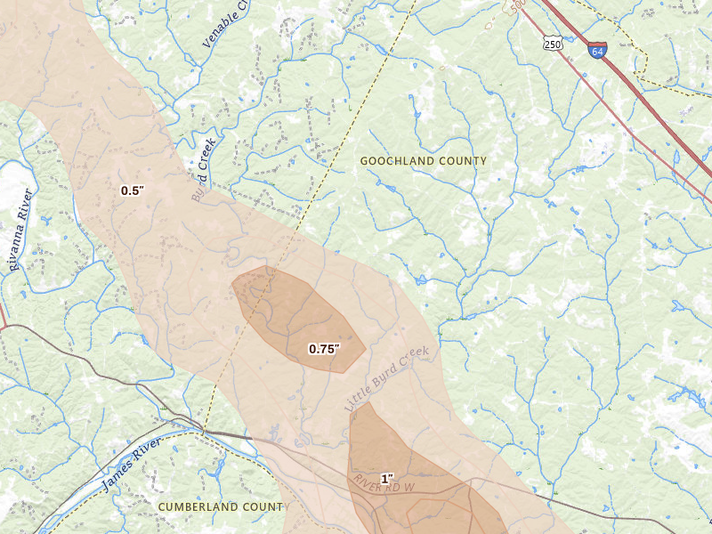 Radar-estimated hail-size map of the storm over Columbia, VA on Aug 14, 2026