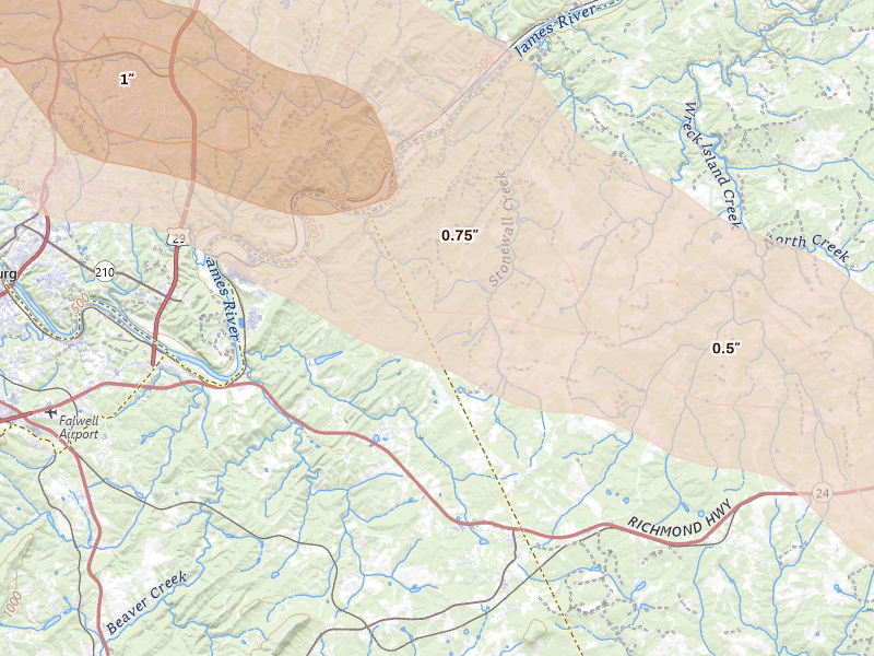 Radar-estimated hail-size map of the storm over Concord, VA on May 27, 2026