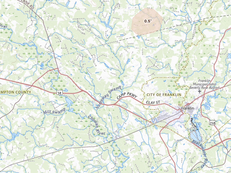 Radar-estimated hail-size map of the storm over Courtland, VA on Jul 28, 2026