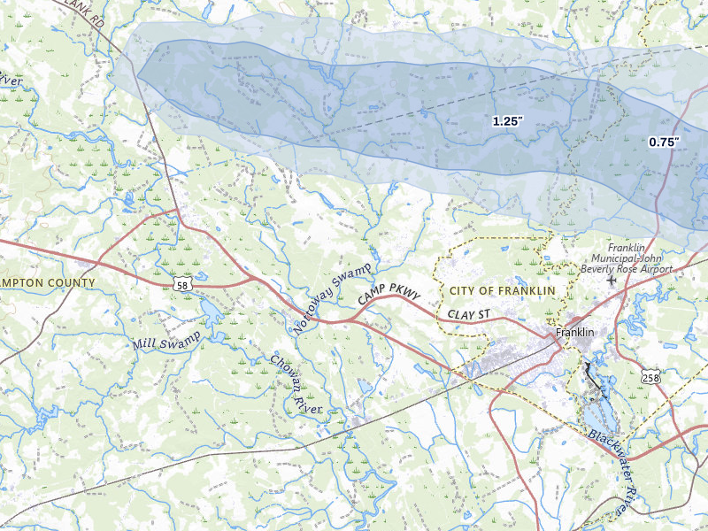 NEXRAD radar-signature map of the hail over Courtland, VA