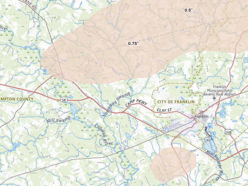 Radar-estimated hail-size map of the storm over Courtland, VA