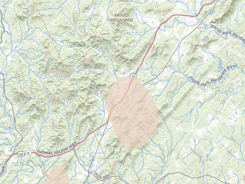 Radar-estimated hail-size map of the storm over Covesville, VA on Jul 4, 2026