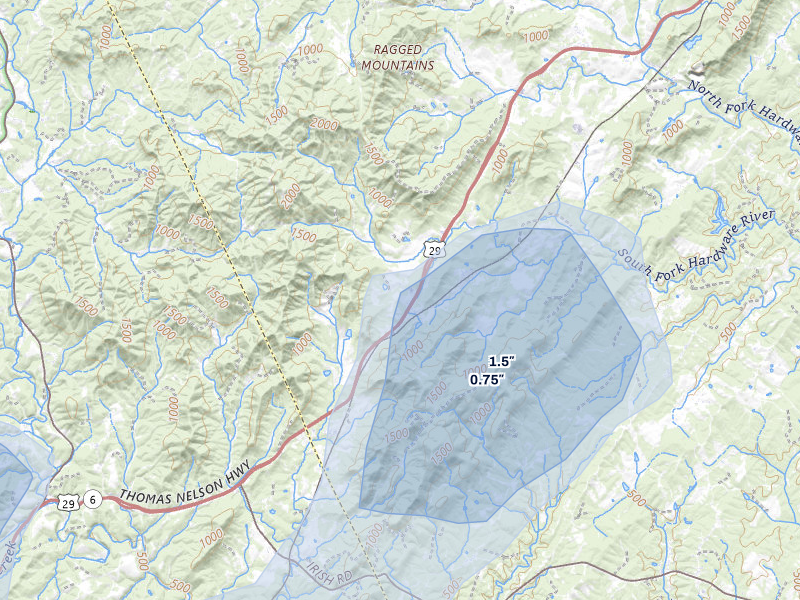 NEXRAD radar-signature map of the hail over Covesville, VA