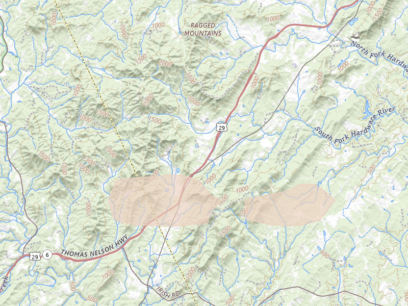 Radar-estimated hail-size map of the storm over Covesville, VA on Jul 21, 2026