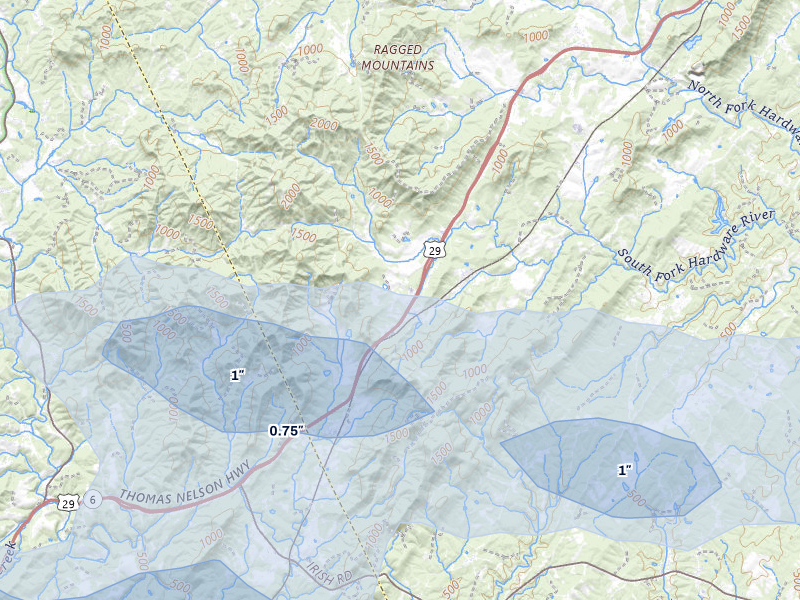 NEXRAD radar-signature map of the hail over Covesville, VA