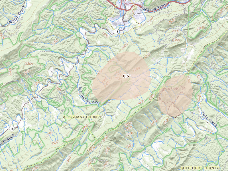Radar-estimated hail-size map of the storm over Covington, VA on May 27, 2026
