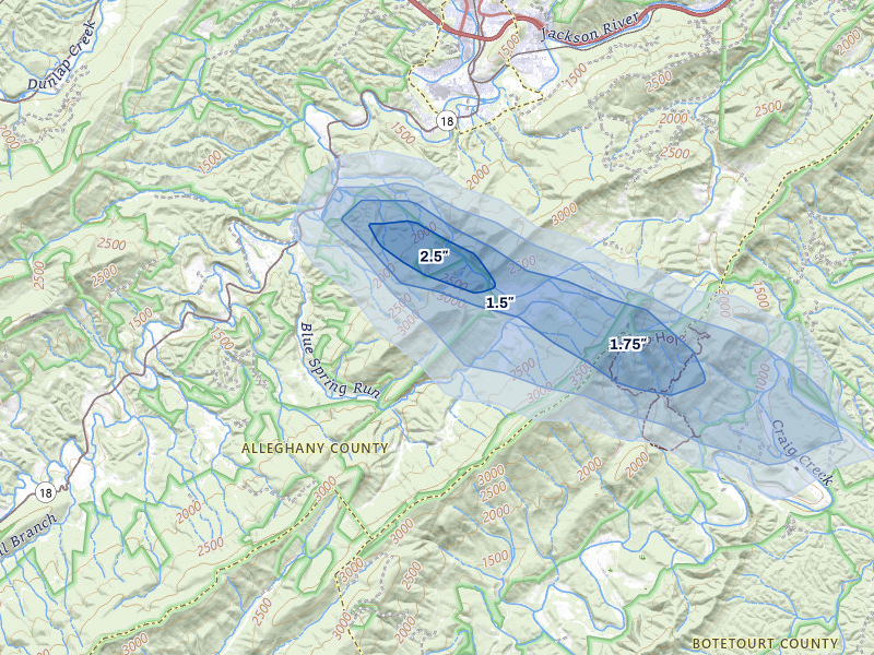 NEXRAD radar-signature map of the hail storm over Covington, VA on May 27, 2026