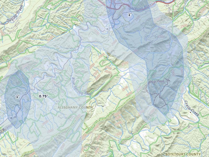 NEXRAD radar-signature map of the hail over Covington, VA