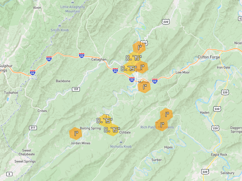 Hail map of Covington, VA on Jul 4, 2026, hail up to 1"
