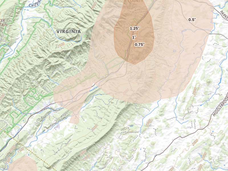 Radar-estimated hail-size map of the storm over Craigsville, VA on Jul 4, 2026