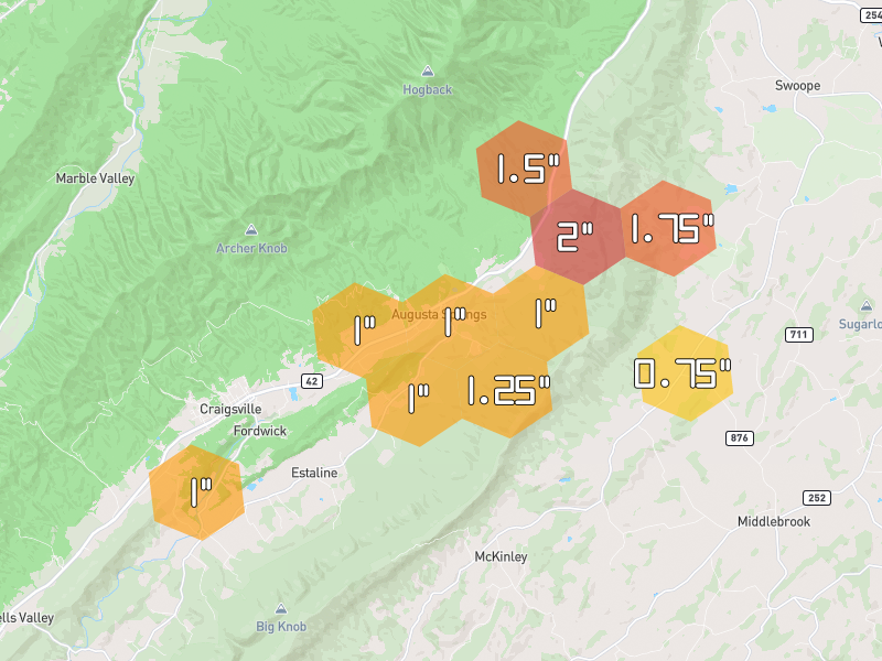 Hail map of Craigsville, VA on Jul 4, 2026, hail up to 2"