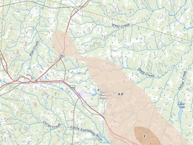Radar-estimated hail-size map of the storm over Crewe, VA on Sep 4, 2026