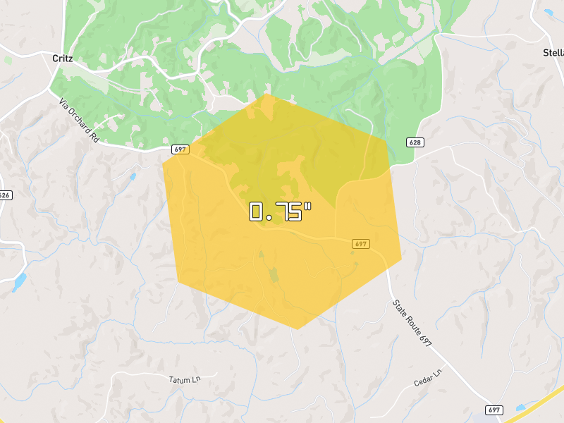 Hail map of Critz, VA on Jul 28, 2026, hail up to 0.75"