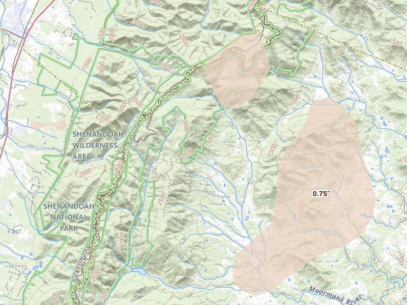 Radar-estimated hail-size map of the storm over Crozet, VA on Aug 22, 2026