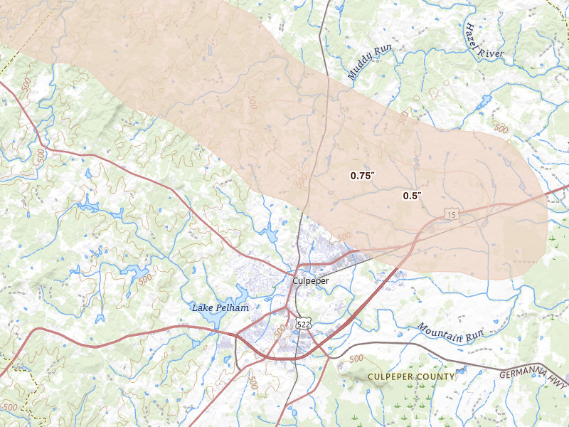 Radar-estimated hail-size map of the storm over Culpeper, VA on Aug 8, 2026