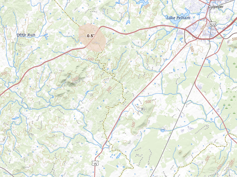 Radar-estimated hail-size map of the storm over Culpeper, VA on Aug 22, 2026