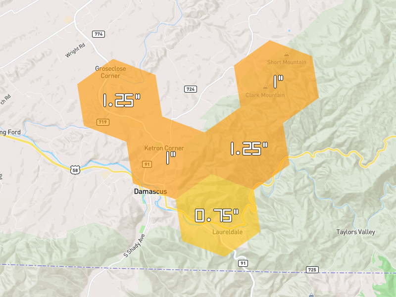 Hail map of Damascus, VA on Jul 28, 2026, hail up to 1.25"
