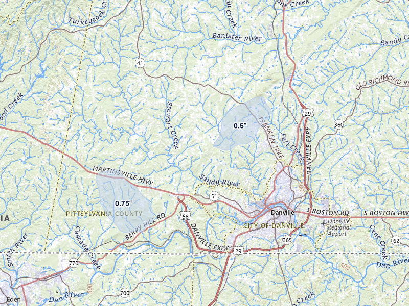 NEXRAD radar-signature map of the hail over Danville, VA