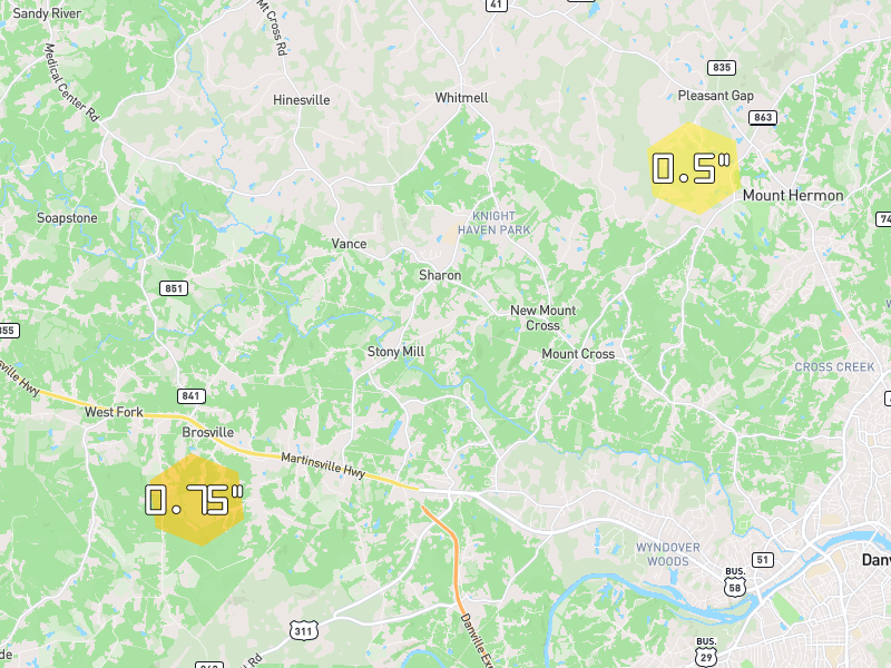 Hail map of Danville, VA on Jul 8, 2026, hail up to 0.75"