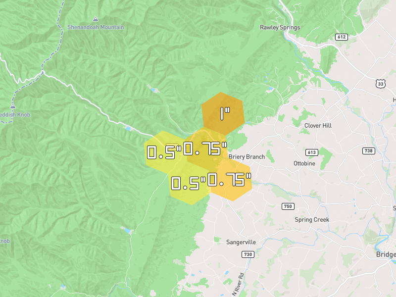 Hail map of Dayton, VA on Jul 4, 2026, hail up to 1"
