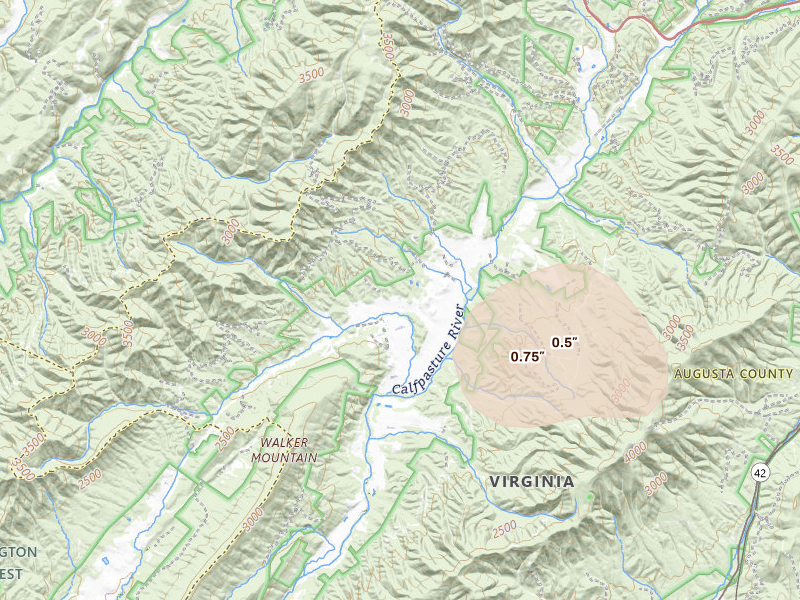 Radar-estimated hail-size map of the storm over Deerfield, VA on May 13, 2026