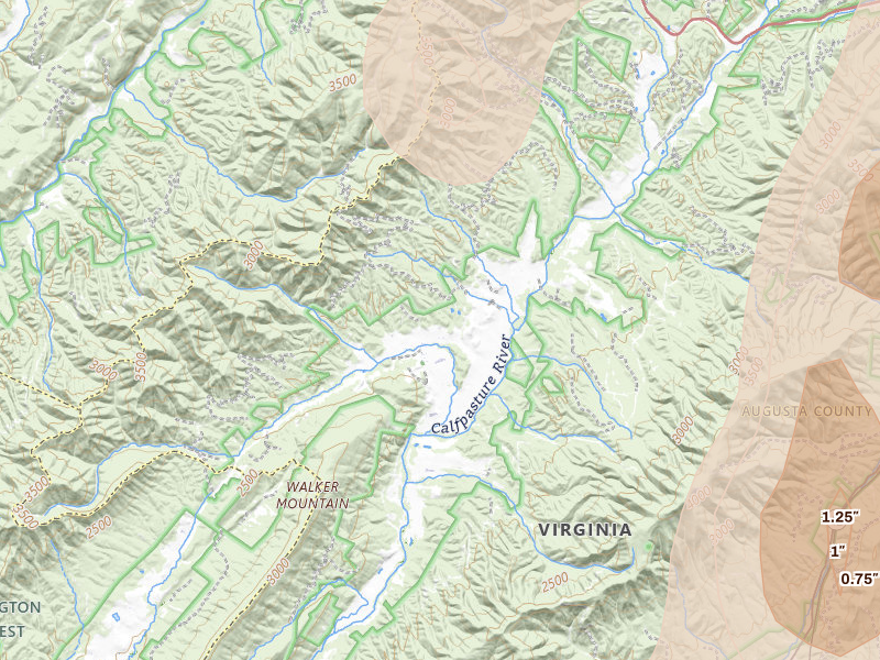 Radar-estimated hail-size map of the storm over Deerfield, VA on Jul 4, 2026