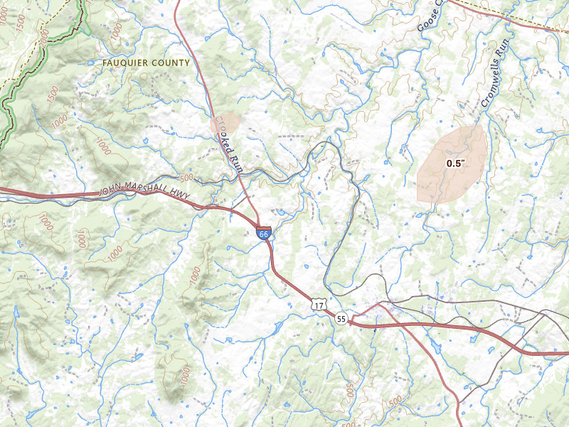 Radar-estimated hail-size map of the storm over Delaplane, VA on Aug 10, 2026
