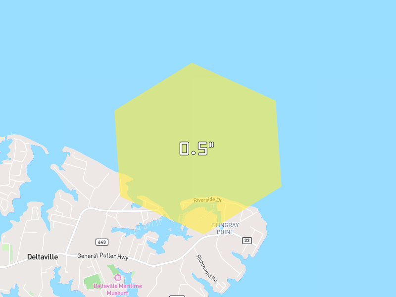 Hail map of Deltaville, VA on Jul 29, 2026, hail up to 0.5"