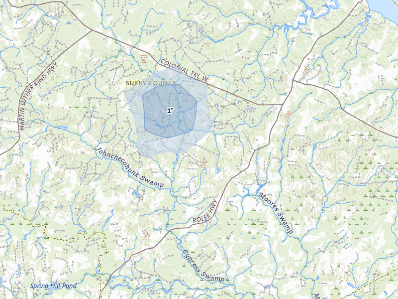 NEXRAD radar-signature map of the hail storm over Dendron, VA on Jul 6, 2026