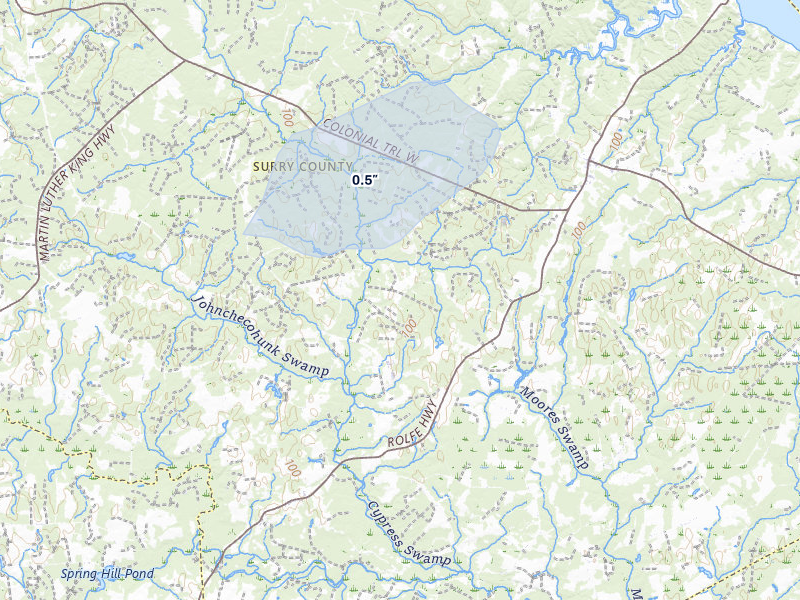 NEXRAD radar-signature map of the hail storm over Dendron, VA on Jul 7, 2026