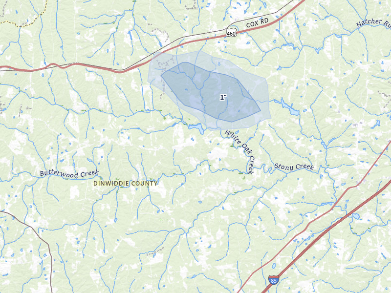 NEXRAD radar-signature map of the hail storm over Dewitt, VA on Jul 21, 2026