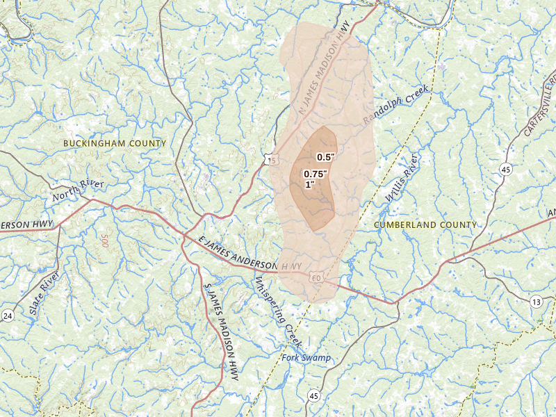 Radar-estimated hail-size map of the storm over Dillwyn, VA on Sep 2, 2026