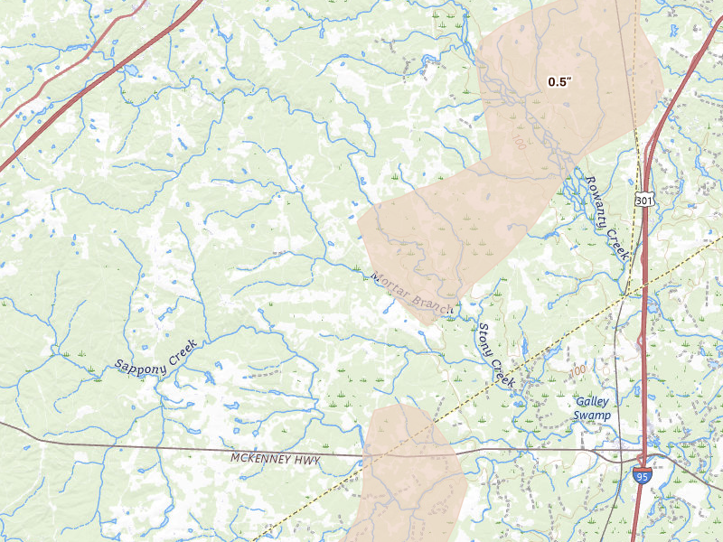 Radar-estimated hail-size map of the storm over Dinwiddie, VA on Sep 2, 2026