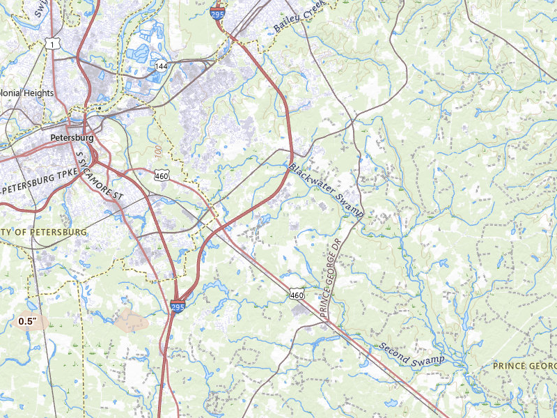 Radar-estimated hail-size map of the storm over Disputanta, VA on Jul 21, 2026