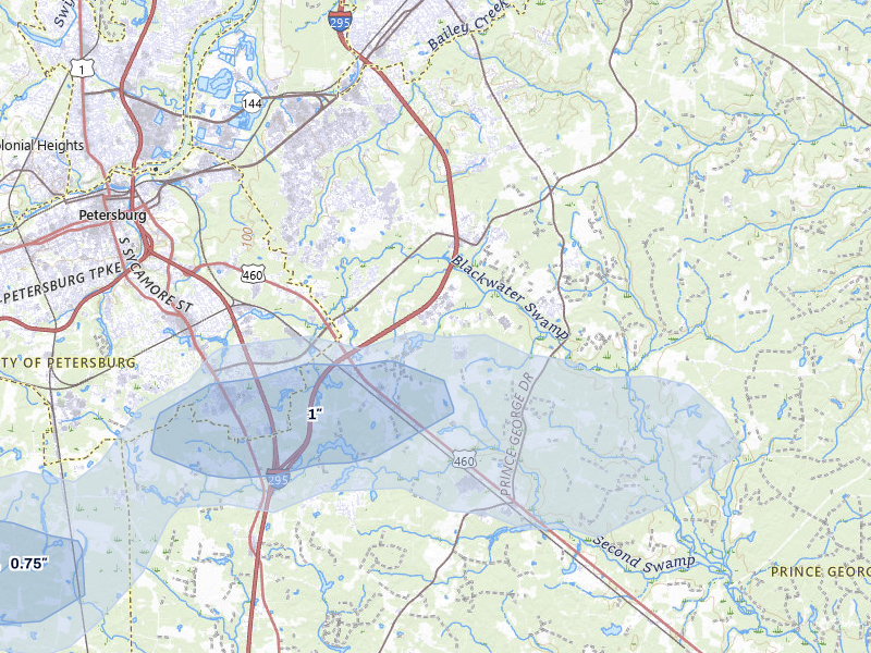 NEXRAD radar-signature map of the hail over Disputanta, VA