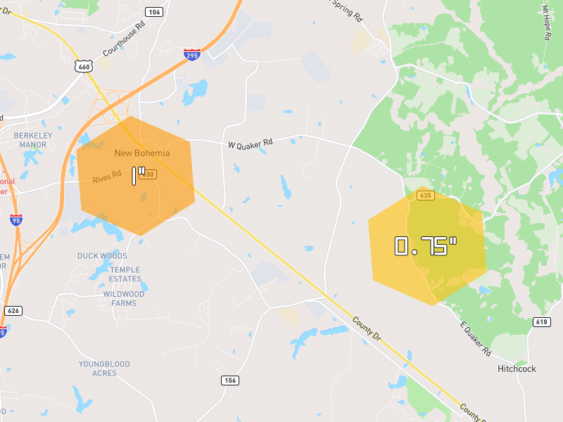 Hail map of Disputanta, VA on Jul 21, 2026, hail up to 1"