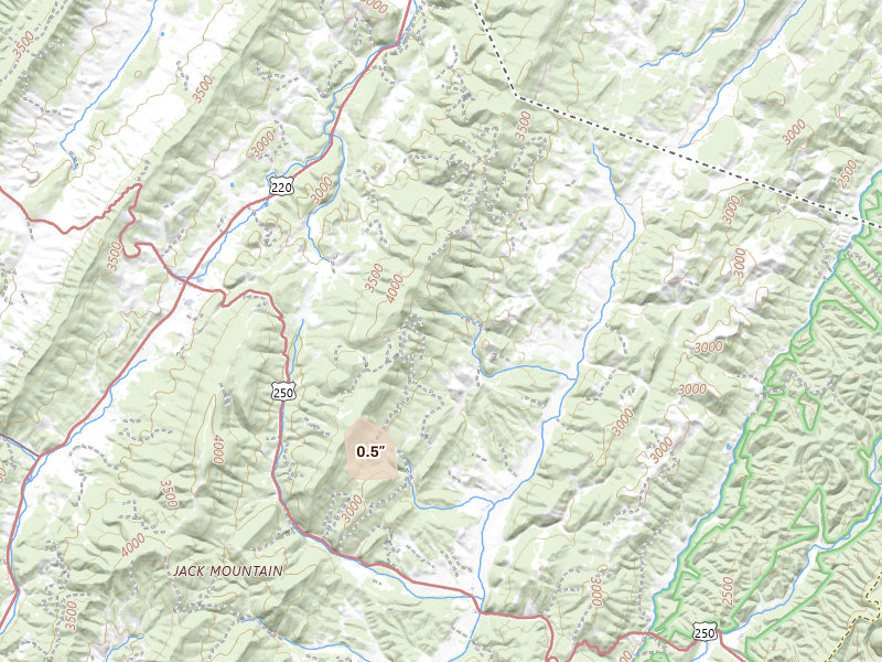 Radar-estimated hail-size map of the storm over Doe Hill, VA on Aug 10, 2026