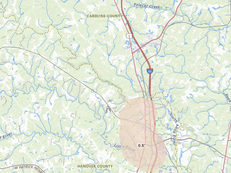 Radar-estimated hail-size map of the storm over Doswell, VA on Jul 5, 2026