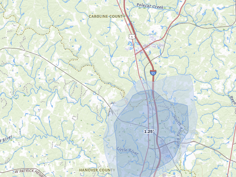 NEXRAD radar-signature map of the hail storm over Doswell, VA on Jul 5, 2026