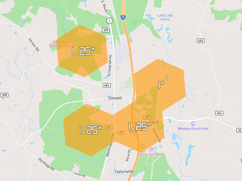 Hail map of Doswell, VA on Jul 5, 2026, hail up to 1.25"
