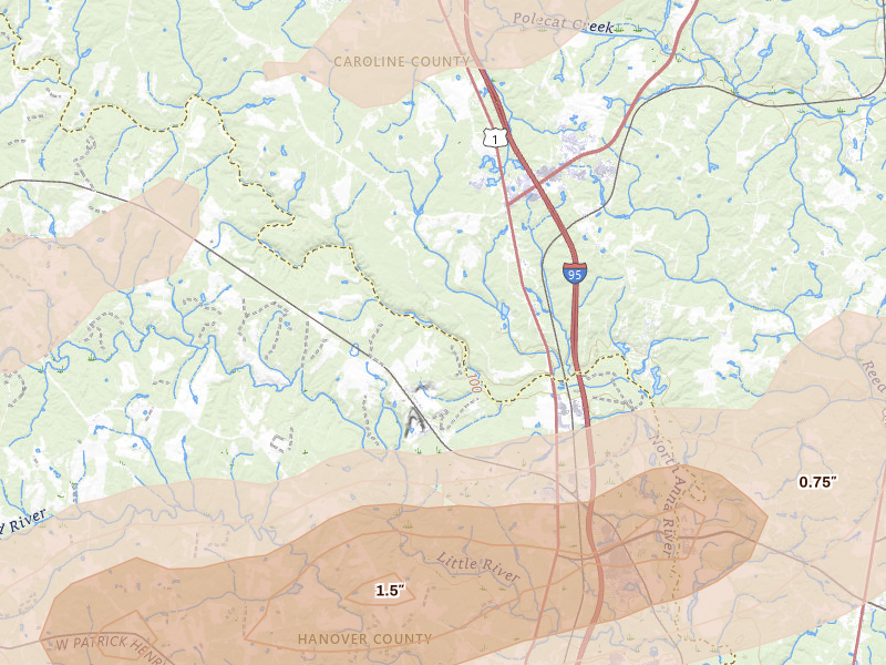 Radar-estimated hail-size map of the storm over Doswell, VA on Jul 21, 2026