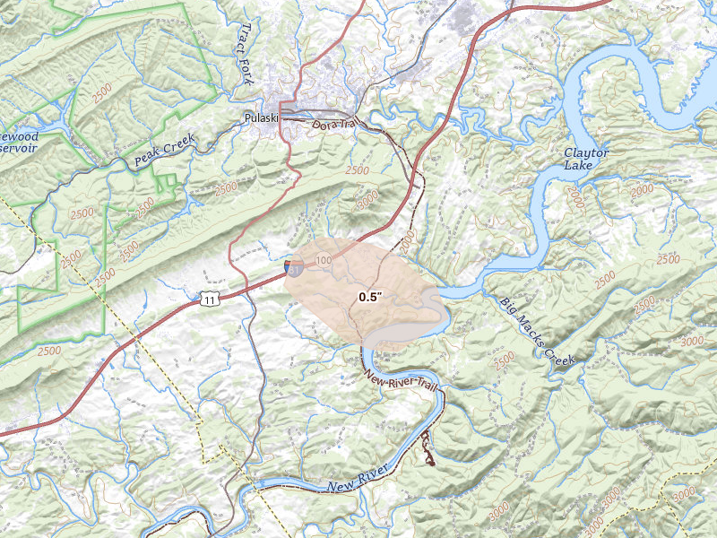 Radar-estimated hail-size map of the storm over Draper, VA on Jun 12, 2026