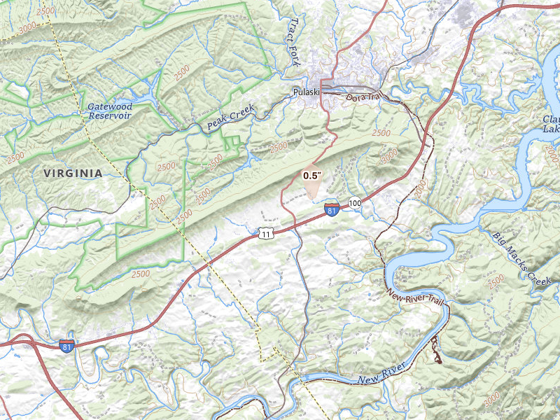 Radar-estimated hail-size map of the storm over Draper, VA on Aug 14, 2026