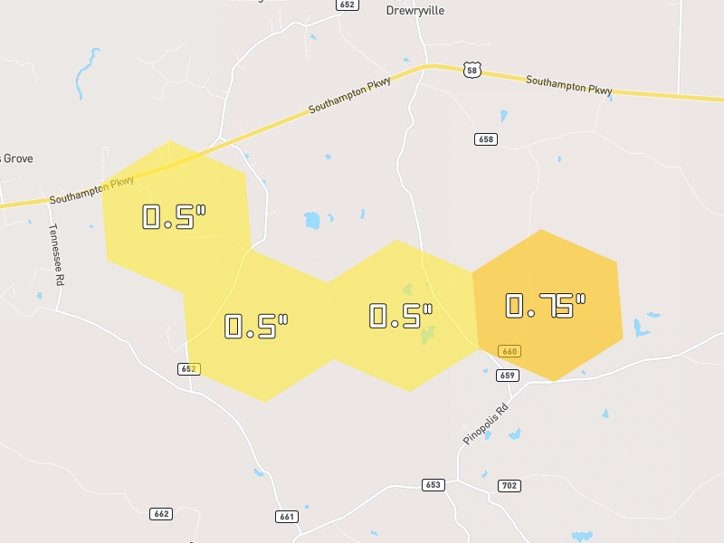 Hail map of Drewryville, VA on Jul 29, 2026, hail up to 0.75"