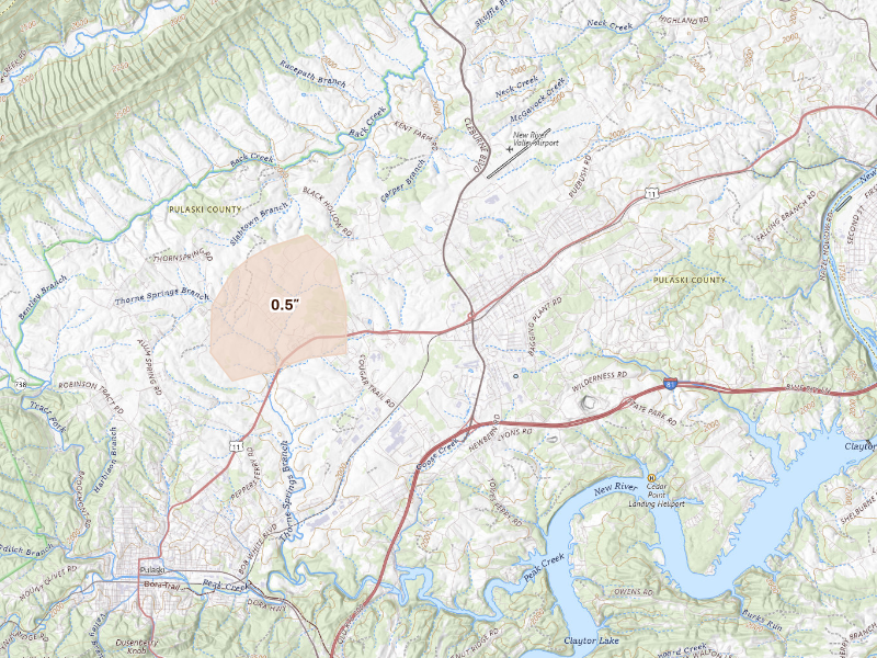 Radar-estimated hail-size map of the storm over Dublin, VA