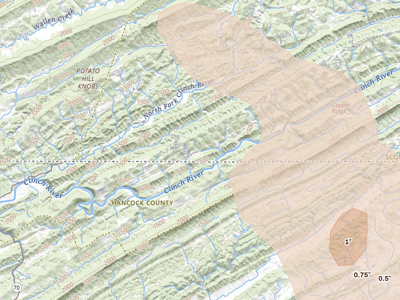 Radar-estimated hail-size map of the storm over Duffield, VA on Jul 28, 2026