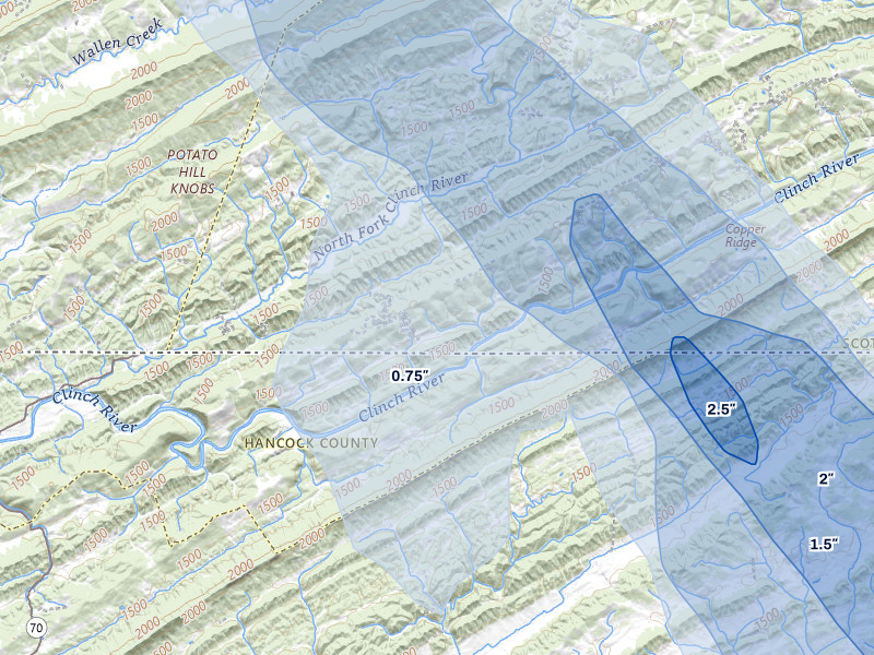 NEXRAD radar-signature map of the hail storm over Duffield, VA on Jul 28, 2026