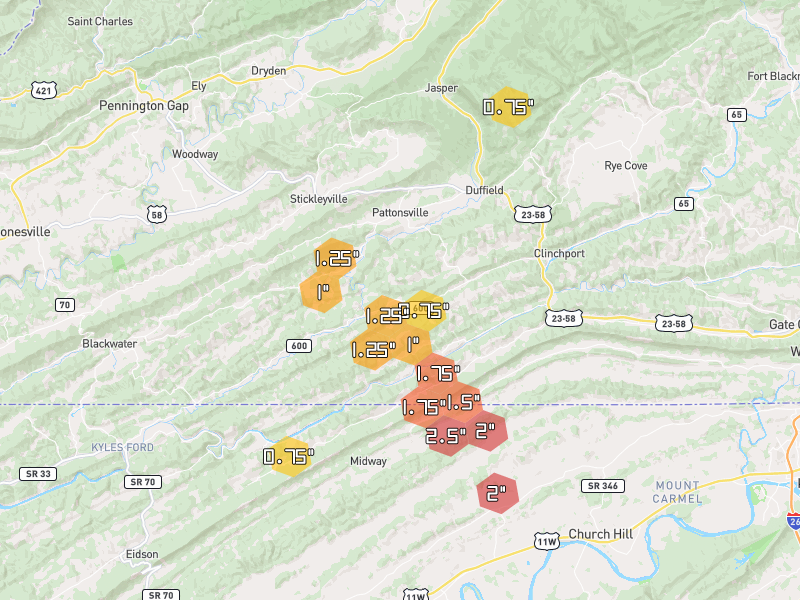 Hail map of Duffield, VA on Jul 28, 2026, hail up to 2.5"